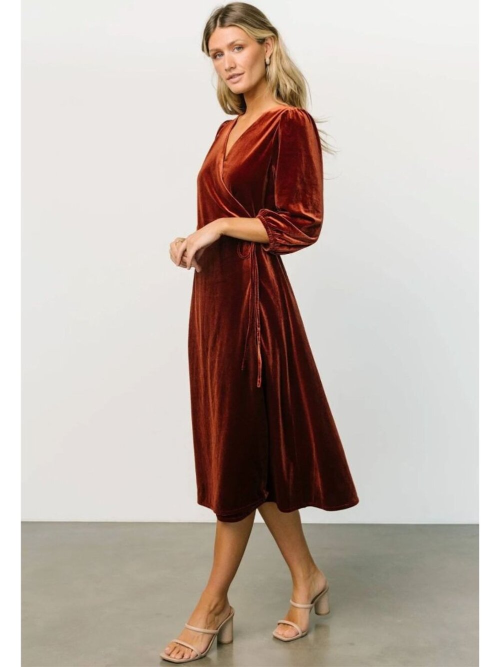 Baltic Born Beckinsale Midi Velvet Wrap Dress Cinnamon Rust Orange Medium Party - Picture 2 of 16
